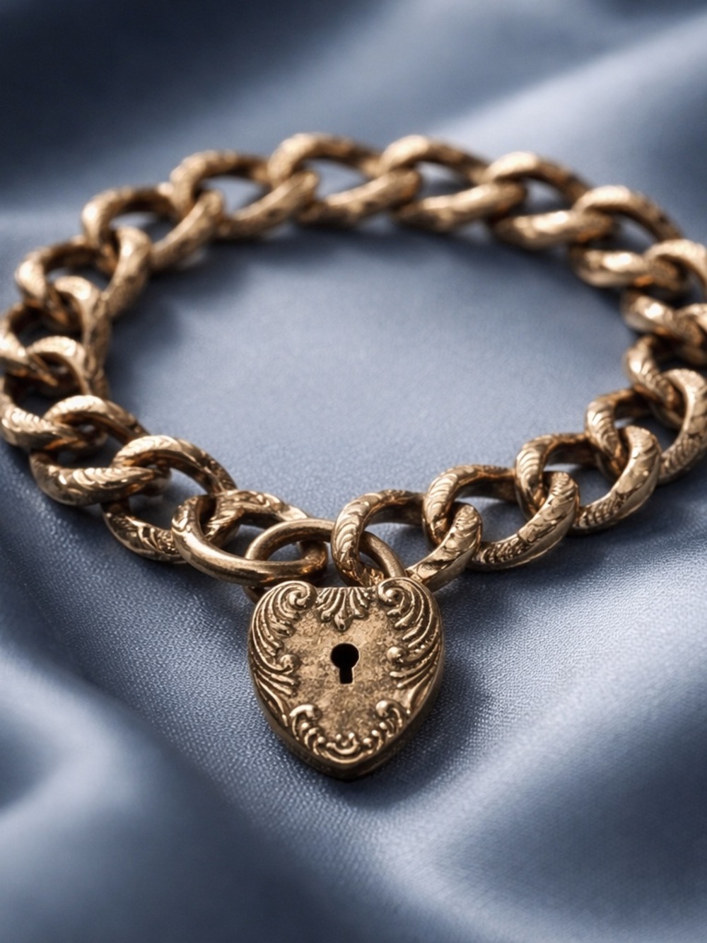 ENGLISH VICTORIAN 9K GOLD GATE
BRACELET WITH HEART PADLOCK CLASP
